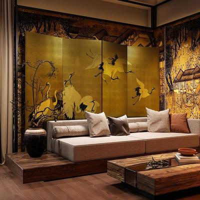 金箔新中式实木仙鹤屏风隔断客厅办公室定制装饰遮挡折叠移动背景