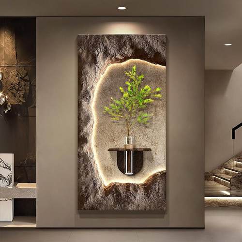 玄关入户正对门装饰画2025新款走廊过道尽头带灯挂画砂岩肌理灯画