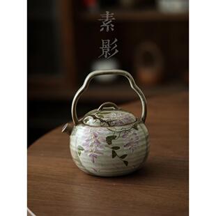 手绘紫藤花陶瓷女茶壶小容量覆古把手茶壶粗陶茶具家用茶壶单壶