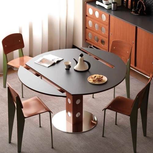 中古风实木包豪斯功能餐桌家用小户型轻奢极简伯格桌子可折叠圆桌