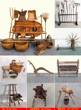民俗老物件老旧农具镰刀老木犁老式纺车农耕文化工具怀旧60年代