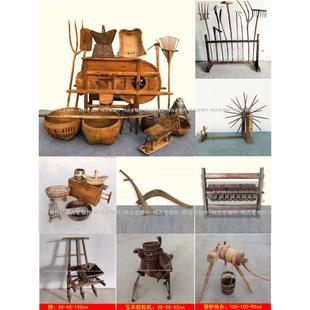 民俗老物件老旧农具镰刀老木犁老式纺车农耕文化工具怀旧60年代