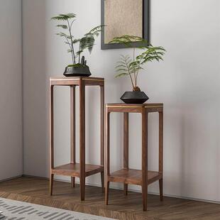 纯实木北美黑胡桃木花架子新中式客厅落地式家用花几阳台置物架子