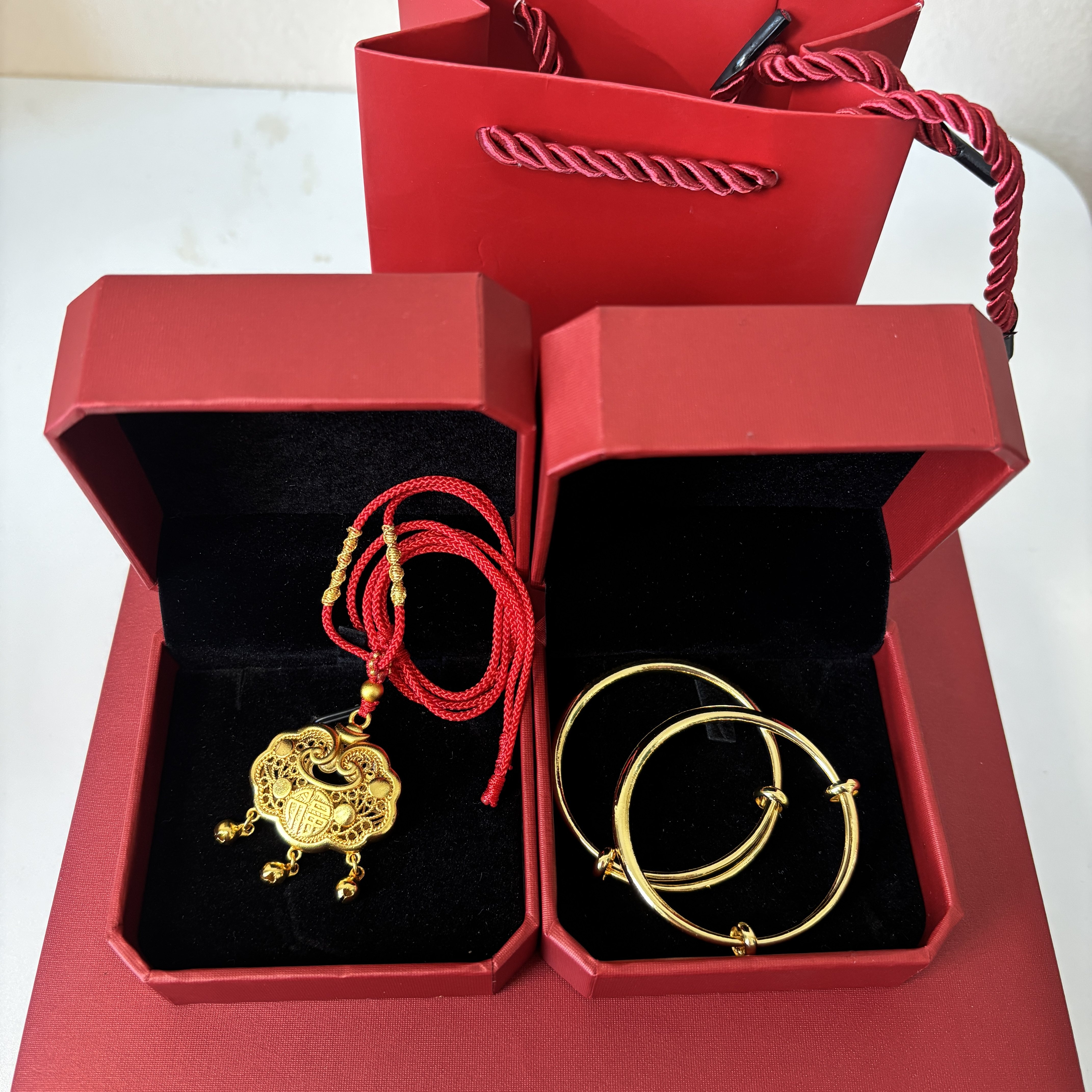 宝宝婴儿周岁生日抓周拍照戴金道具套装金锁平安锁项圈项链礼物
