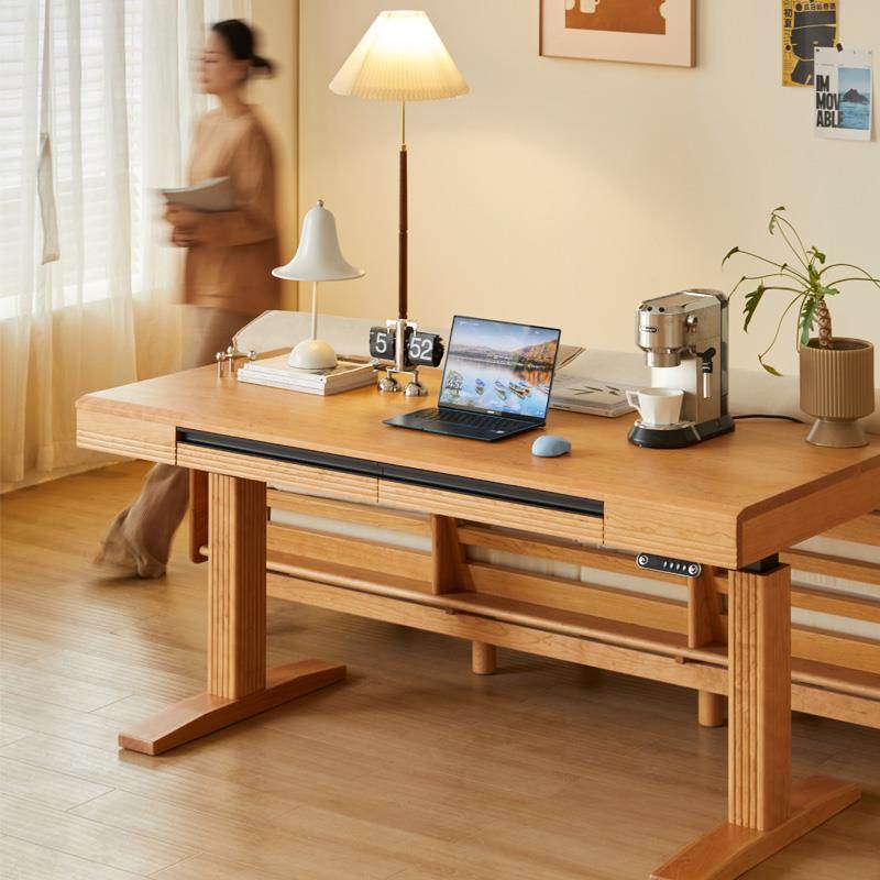 木愚木实木电动升降书桌电脑办公桌樱桃木工作台可定制学习桌北欧