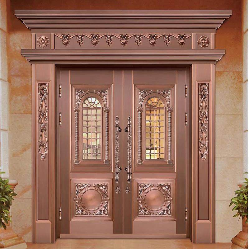 高端玻璃铜门别墅大门乡村家用入户四开中式农村进户门双门纯铜
