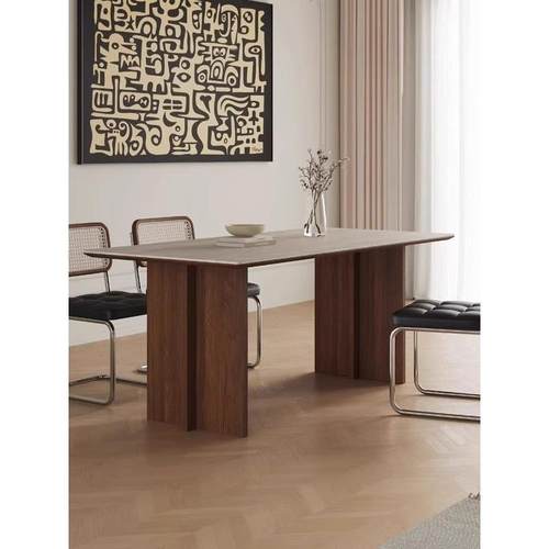 意式轻奢洞石岩板餐桌中古风黑胡桃木长方形办公桌书桌实木大板桌