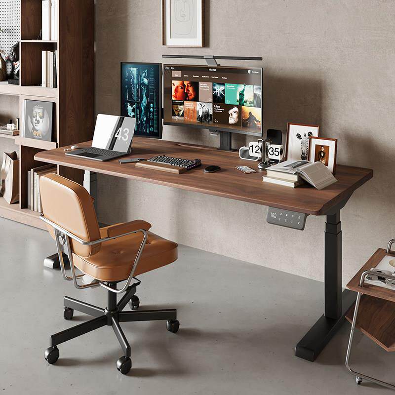 黑胡桃木电动升降桌实木书桌学生学习桌卧室靠墙办公电脑桌书桌