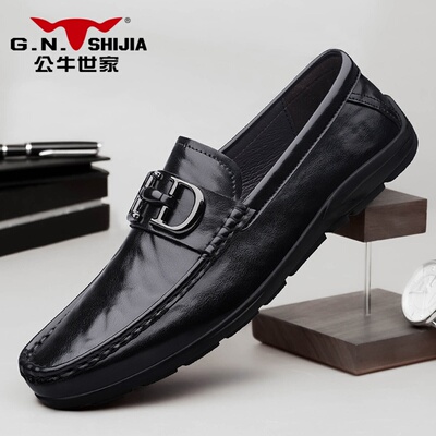 公牛世家休闲皮鞋男士秋冬季加绒真牛皮一脚蹬乐福鞋豆豆鞋高级感