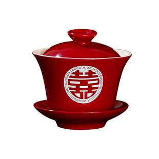 结婚敬茶杯喜碗女方陪嫁用品大全红色改口一对盖碗茶具对碗筷金小