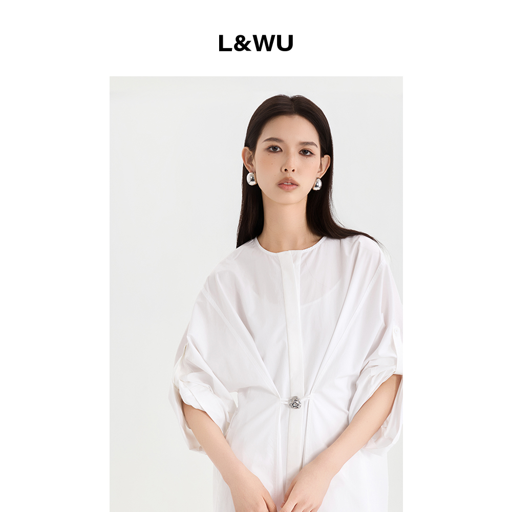 L&WU高智纯棉两穿设计衬衫连衣裙中袖圆领长款阔版宽松连衣裙女装