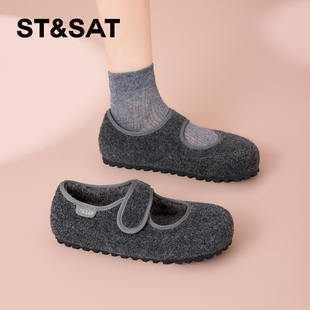 星期六加绒单鞋女2025新款冬季魔术贴玛丽珍鞋时尚百搭保暖毛毛鞋