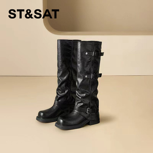 星期六加绒长筒靴女2025冬季爆款美拉德高筒靴时尚厚底裤管骑士靴