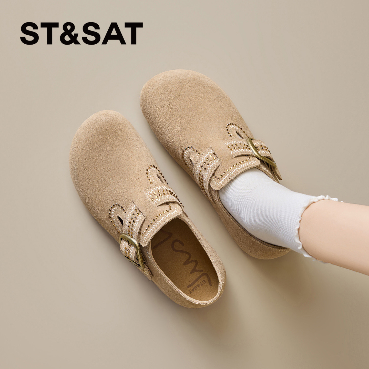 星期六时尚单鞋女2026春季新款百搭厚底休闲勃肯鞋一脚蹬圆头刺绣