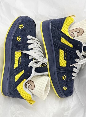 复古风深蓝色厚底面包鞋女款2026春秋新款ins潮百搭豹纹运动板鞋