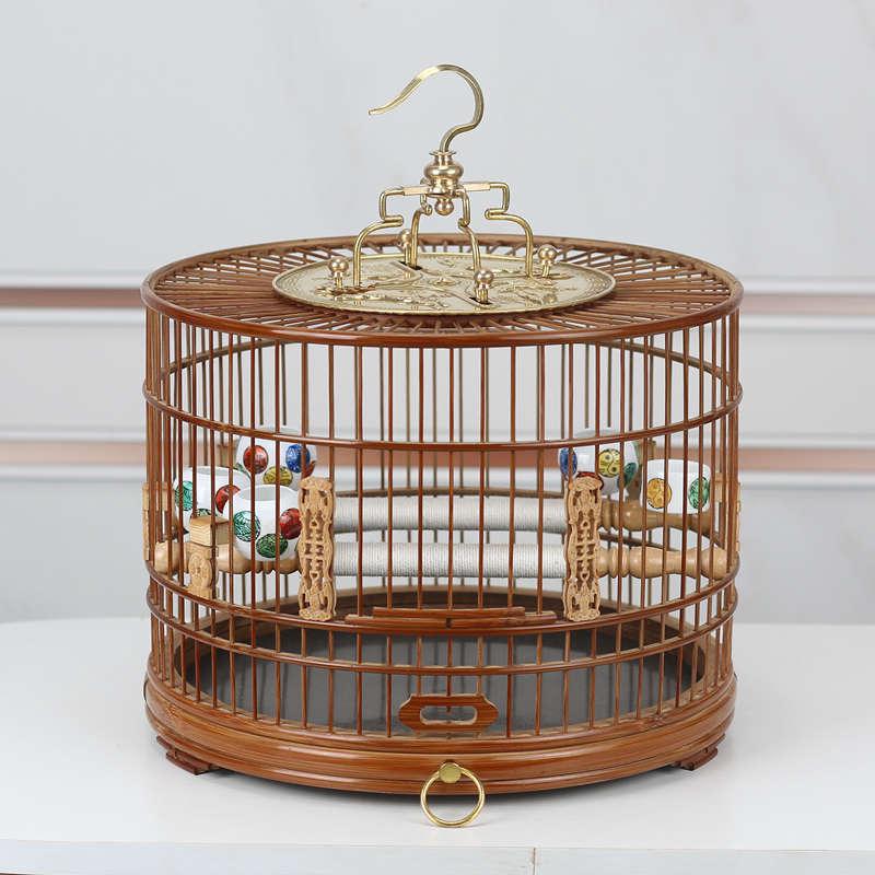 鸟笼红子靛颏鸟笼紫竹老竹皮抛光精品绣眼贝子玉鸟鸟笼带抽屉圆笼