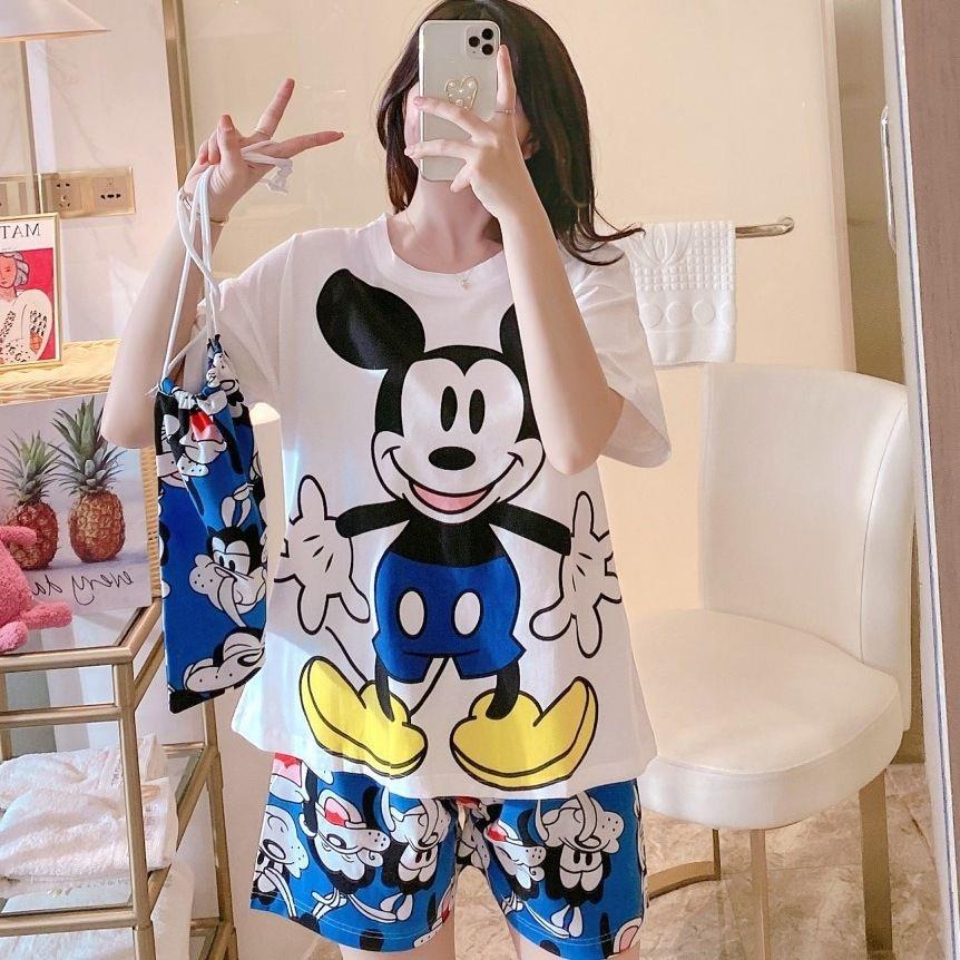 短袖布袋睡衣女夏卡通米老鼠可爱宽松薄款套头套装韩版家居服