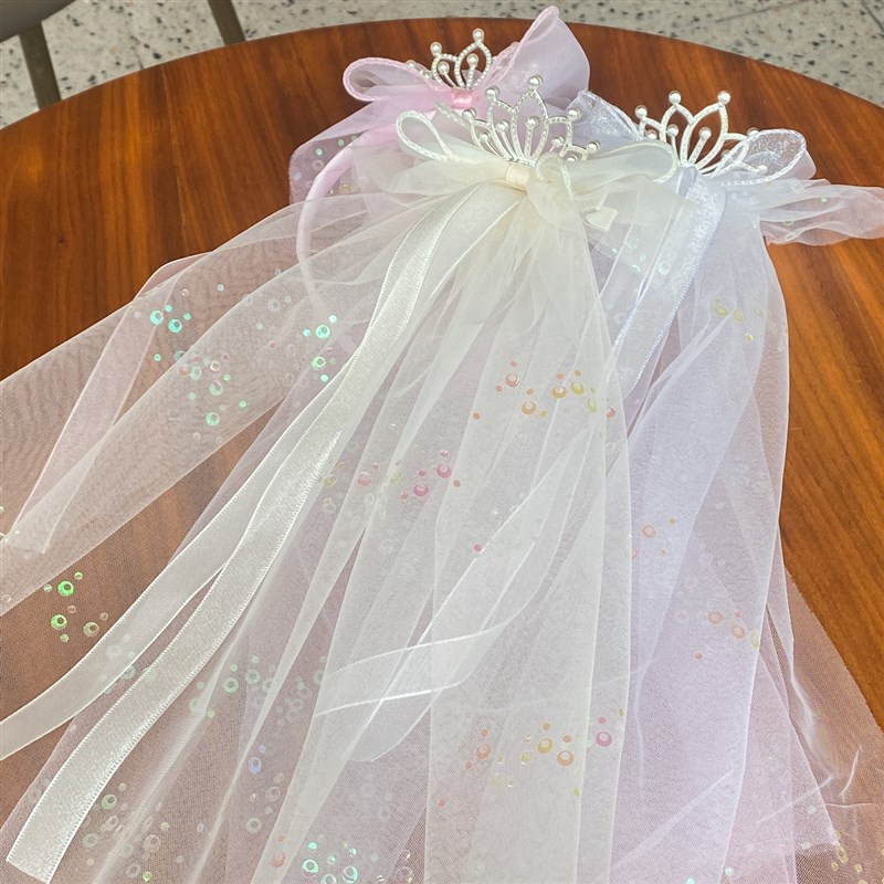 儿童皇冠发箍周岁生日头箍女童发饰宝宝头纱花童公主飘纱甜美头饰