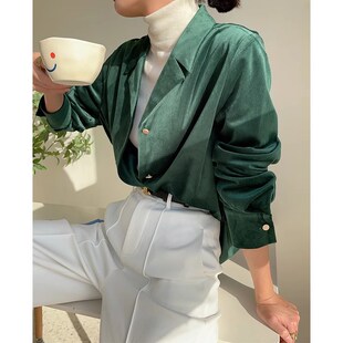 墨绿色灯芯绒衬衫女秋冬2025新款内搭叠穿磨毛古巴领衬衣长袖上衣
