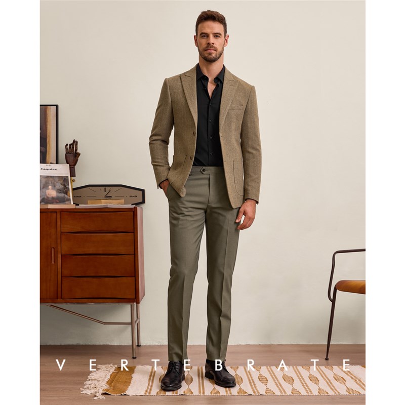 脊椎动物男装复古人字纹戗驳领西装英式秋冬薄羊毛呢休闲西服外套