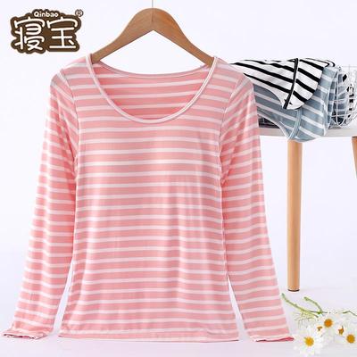 莫代尔棉带胸垫睡衣长袖T恤免文胸上衣单件秋衣春秋家居服打底衫