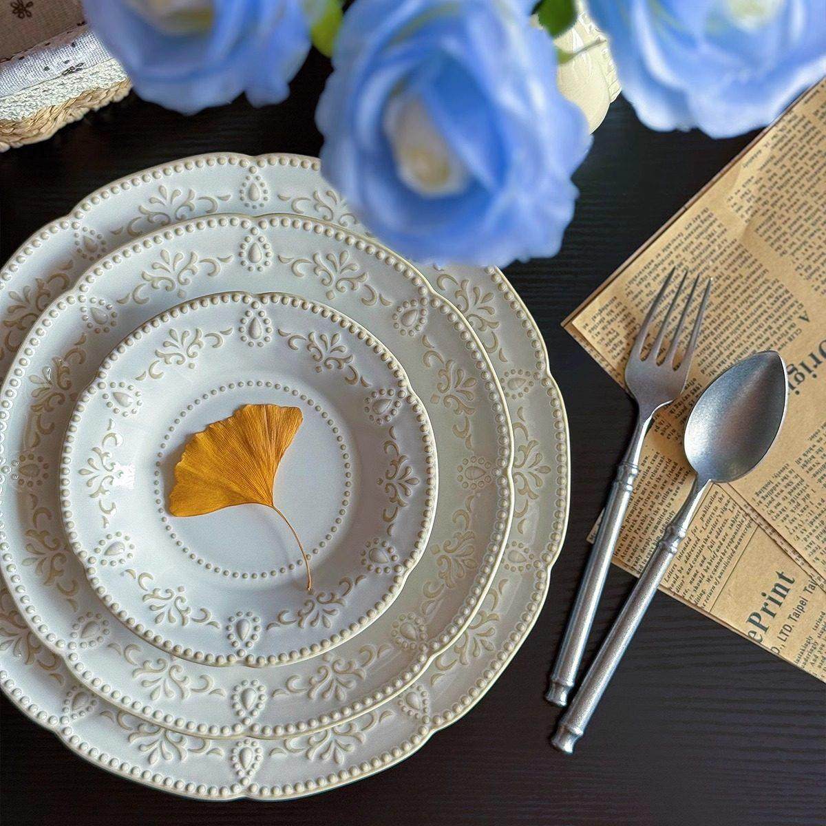 法式覆古浮雕西餐盘牛排餐盘西餐餐盘漂亮盘子高级感牛排盘大盘子,餐饮具,盘,淘宝优惠券,粉丝福利购,淘宝优惠卷