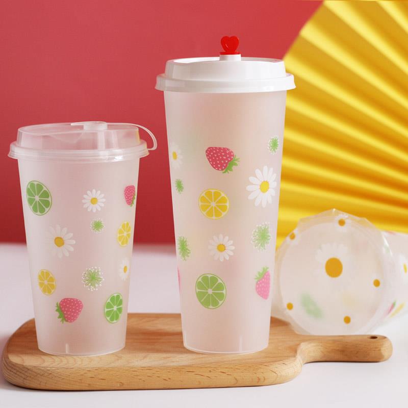 加厚磨砂注塑杯500/700ml一次性果汁饮料90口径网红奶茶杯子带盖