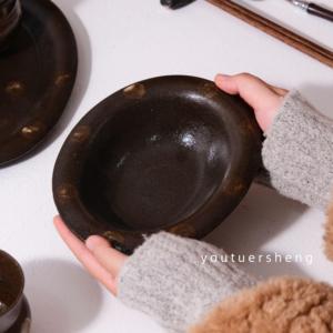 由土-阿朴手作粗陶咖啡色陶瓷波点粗陶餐具送礼套装高温复古盘