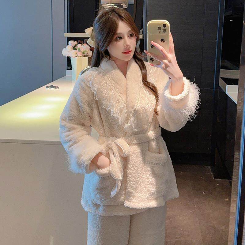 2025新款睡衣女秋冬季加绒加厚法式少女保暖外穿珊瑚绒家居服套装
