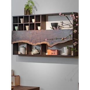 原木侘寂黑檀木挂墙式 博古架茶杯架墙面多宝阁茶具收纳架展示架