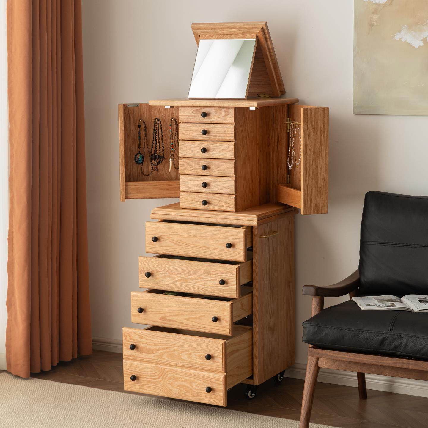 法式中古实木首饰柜覆古立式可移动多功能梳妆台收纳多抽屉储物柜