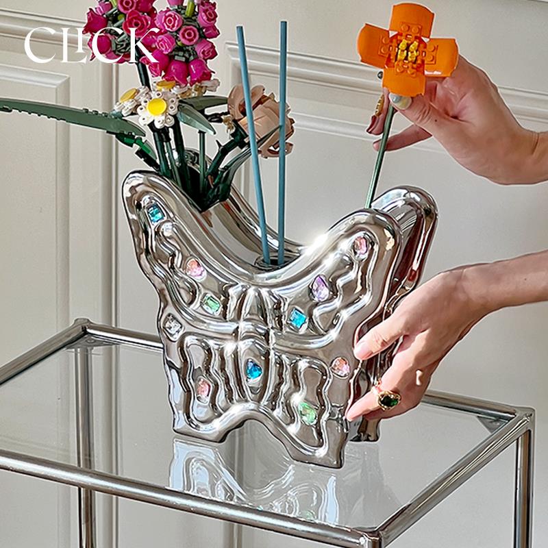 Click蝴蝶插花花瓶家居电镀银香薰扩香容器钻石Y2K风摆件女生礼品