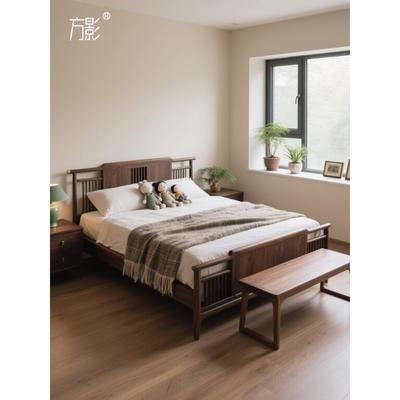 方影新中式中古风榫卯结构全实木双人大床北美黑胡桃木别墅定制款