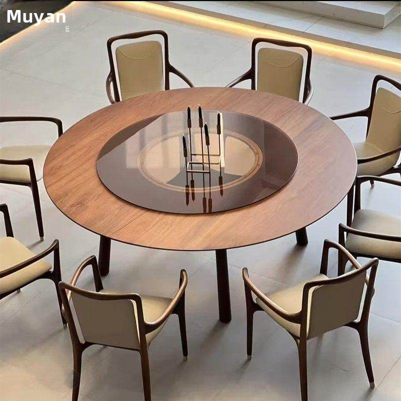 北美黑胡桃木圆桌北欧全实木餐桌玻璃转盘饭桌现代简约别墅大圆桌,住宅家具,实木餐桌,淘宝优惠券,粉丝福利购,淘宝优惠卷