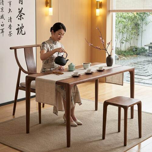 北美黑胡桃实木茶桌家用榫卯茶台餐桌两用客厅茶桌椅组合