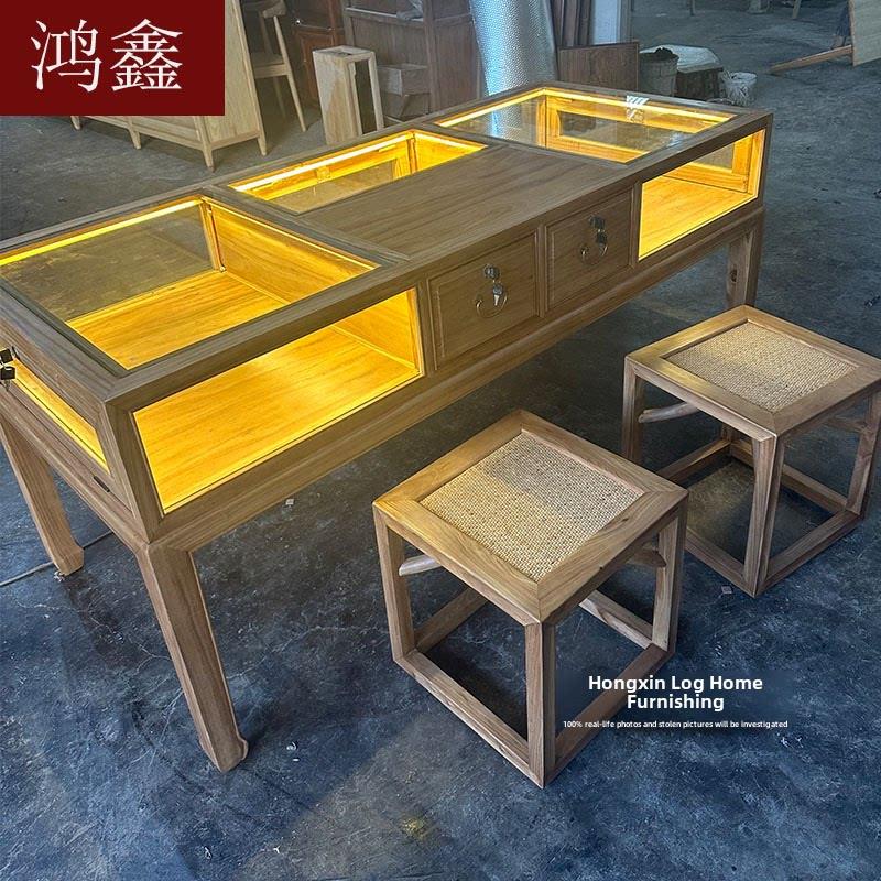 榆木展示柜实木首饰柜台收银台带灯带锁玻璃柜玉器文玩桌玻璃洽谈