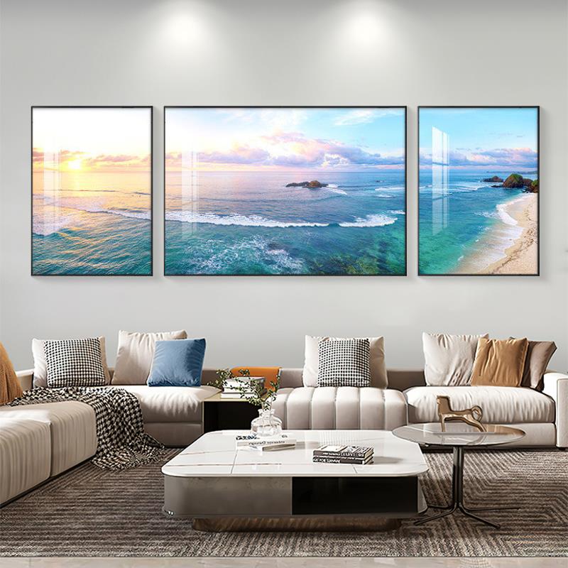 三联挂画轻奢大气卧室海景风景墙上组合壁画客厅装饰画沙发背景墙