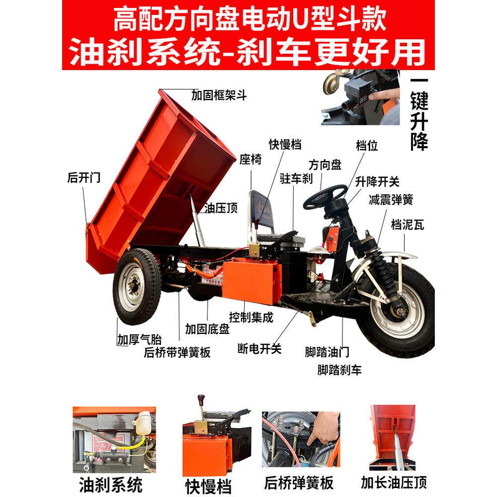 建筑工地电动三轮车载重拉混凝土沙石运输车农用果园养殖拉粪斗车