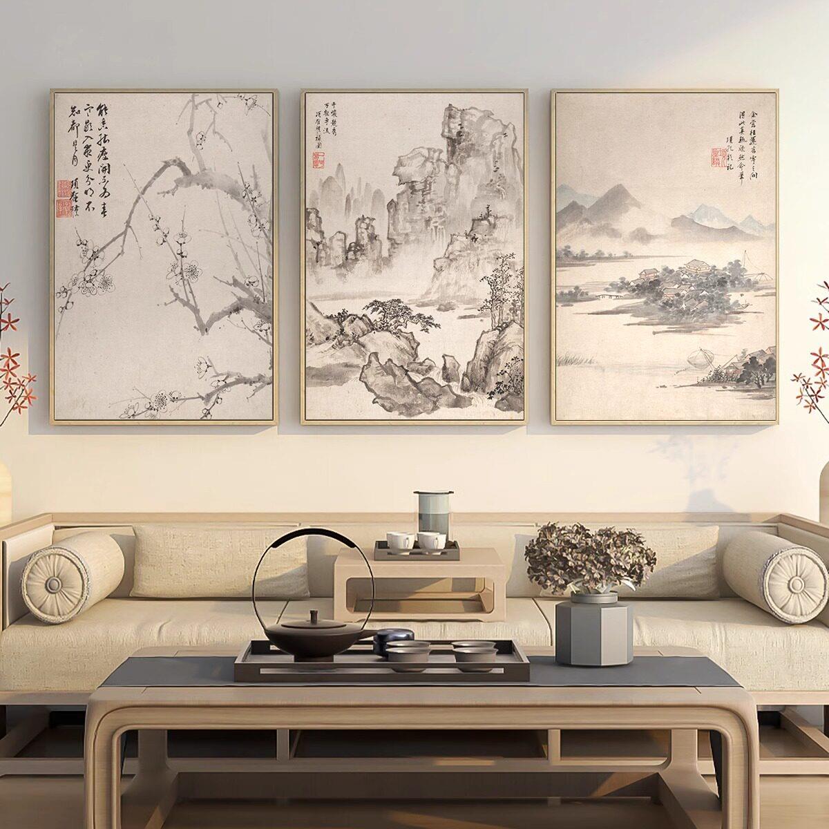 新中式山水素描装饰画高级感客厅装饰画沙发背景墙三联挂画壁画
