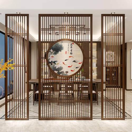 新中式实木花格入户屏风隔断客厅玄关背景日式推拉门现代简约定制