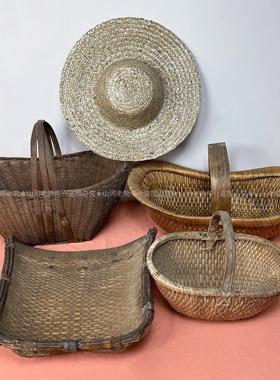 民俗老物件竹编篮子竹筐簸箕780年代提篮草帽中式复古装饰摆件