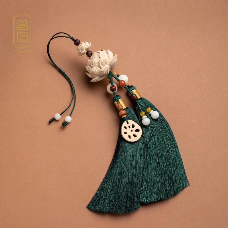 亏米浮力！汽车后视镜挂件黄杨木莲花平安吊饰流苏挂饰手工男女款