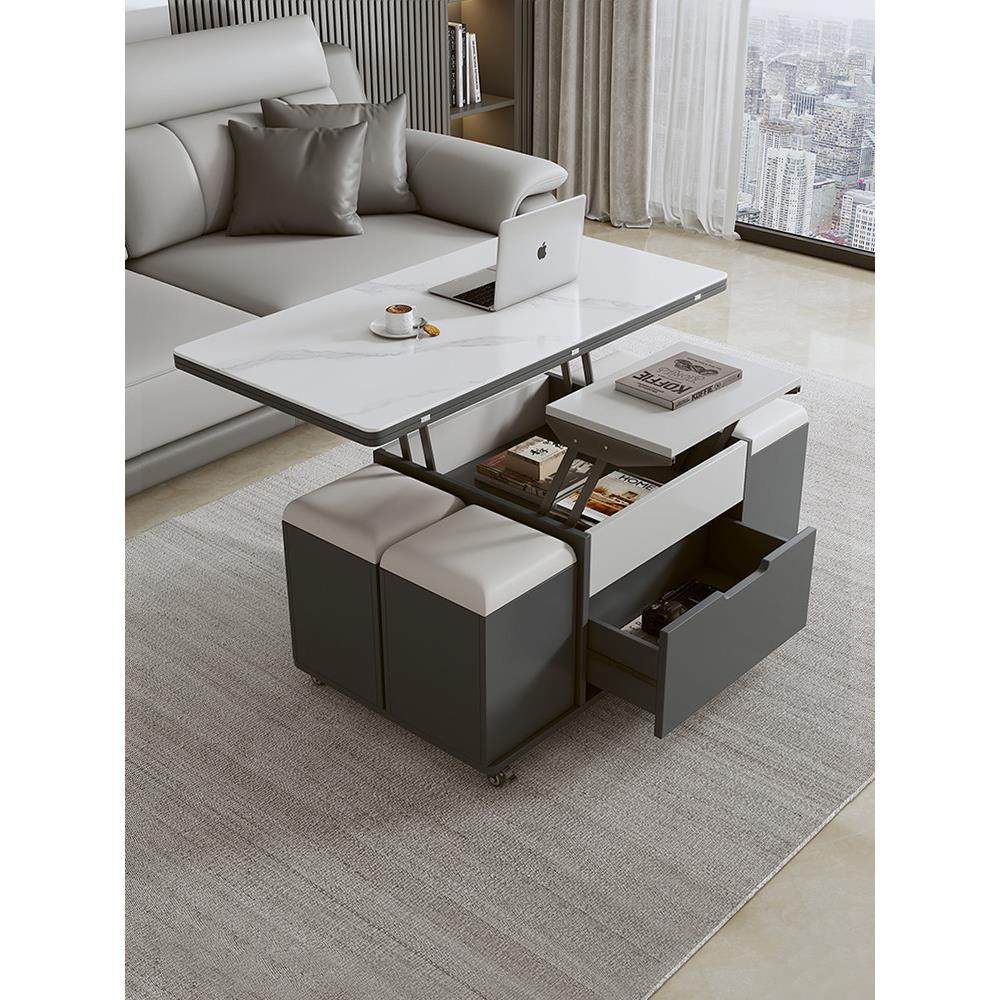 多功能岩板茶几餐桌书桌小户型家用折叠一体二合一升降桌带收纳凳,住宅家具,茶几,淘宝优惠券,粉丝福利购,淘宝优惠卷