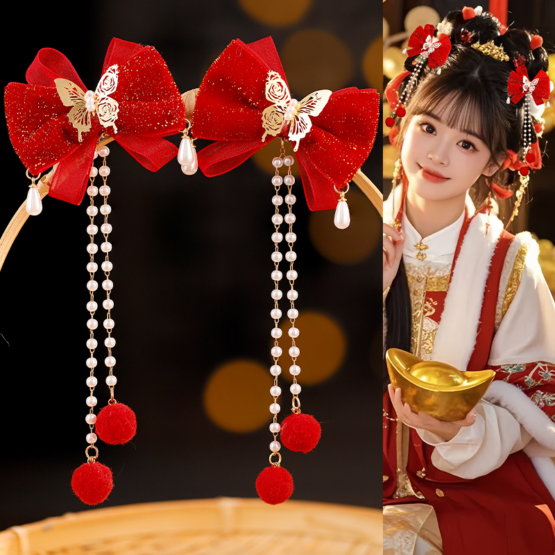 儿童发饰红色女孩夹子女童过年发夹蝴蝶头饰