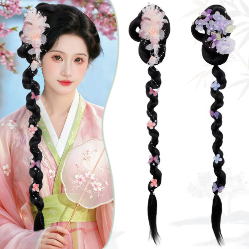汉服浅粉花朵一体式发髻假辫