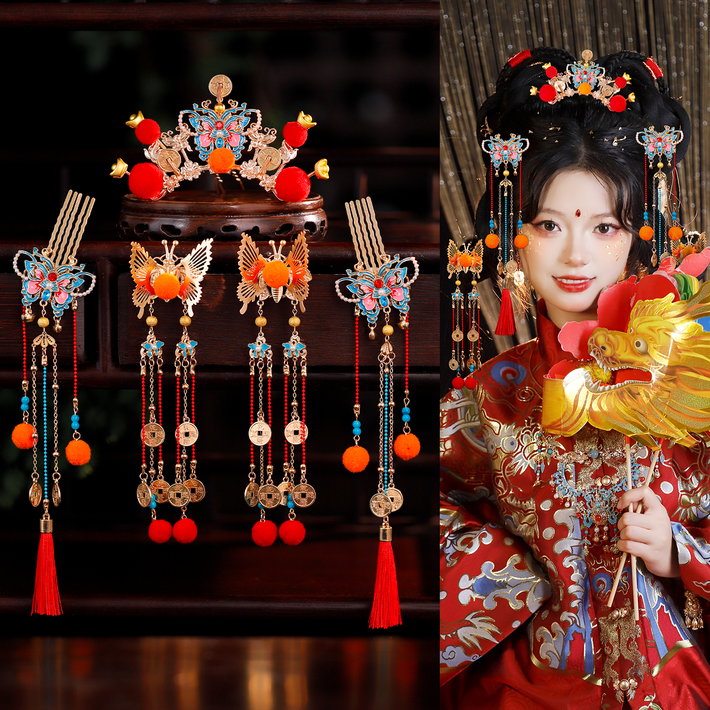 古风cos小财神红色流苏发冠发钗