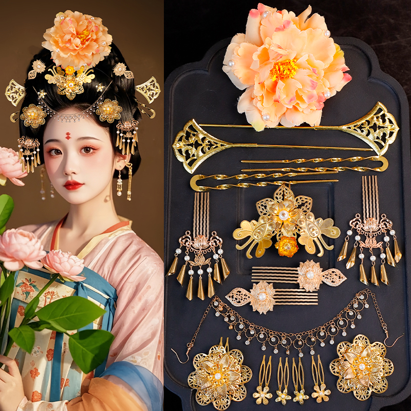 汉服头饰头冠额链绢花