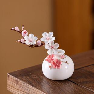 陶瓷手工捏花羊脂玉瓷梅花瓶温润通透描金瓷花器插梅花瓷器摆件瓶