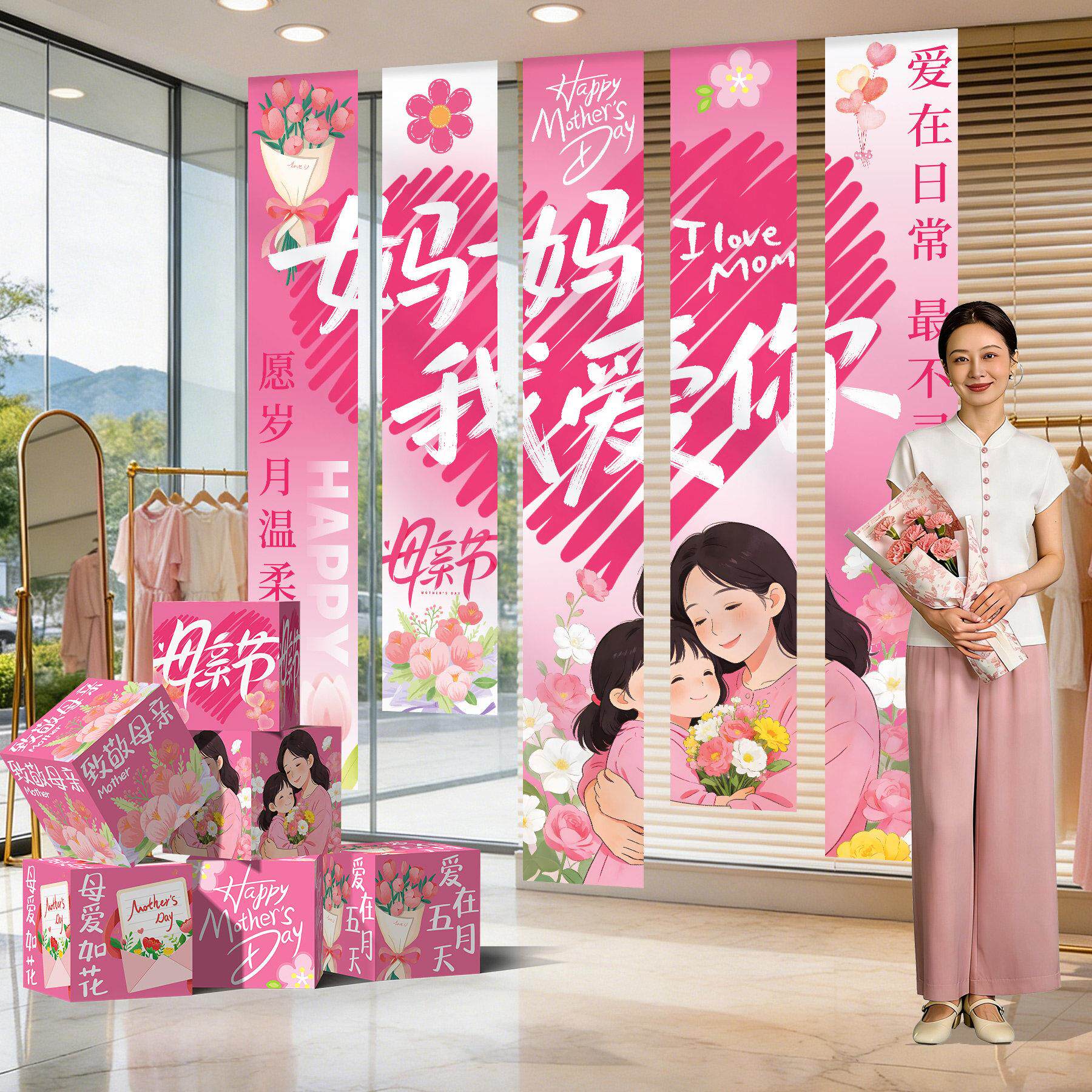 母亲节装饰场景布置氛围感节日活动地堆盒子商场橱窗帆布条背景挂