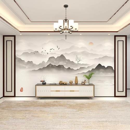 碳晶板新中式水墨画山水画大气电视沙发背景墙护墙板木饰面板装饰